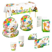 Procos Jungle Animals Birthday Party Kit with Plates, Cups, Napkins, Invitations & Tablecloth FSC Certified