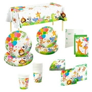 Procos Jungle Animals Birthday Party Kit with Plates, Cups, Napkins, Invitations & Tablecloth – FSC Certified