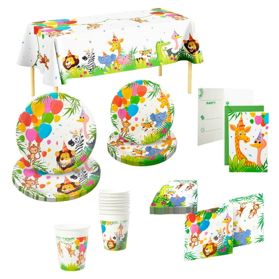 Procos Jungle Animals Birthday Party Kit with Plates, Cups, Napkins, Invitations & Tablecloth – FSC Certified