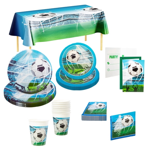 Procos Soccer Fans Birthday Party Kit with Plates, Cups, Napkins, Invitations & Tablecloth – FSC Certified