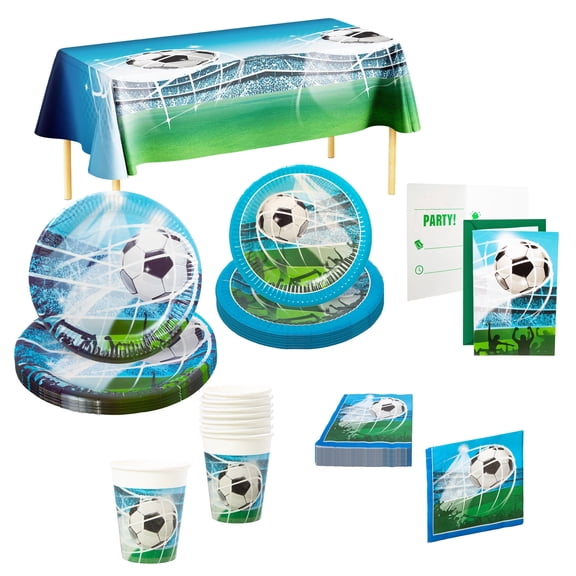 Procos Soccer Fans Birthday Party Kit with Plates, Cups, Napkins, Invitations & Tablecloth – FSC Certified