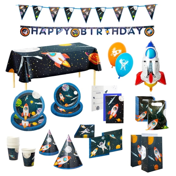 Procos Space Themed Birthday Party Kit with Plates, Cups, Napkins, Invitations, Hats, Balloons, Treat Bags, Banners, Tablecloth & Foil Balloon – FSC Certified