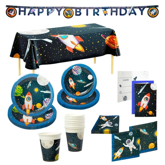 Procos Space Themed Birthday Party Kit with Plates, Cups, Napkins, Invitations & Tablecloth – FSC Certified