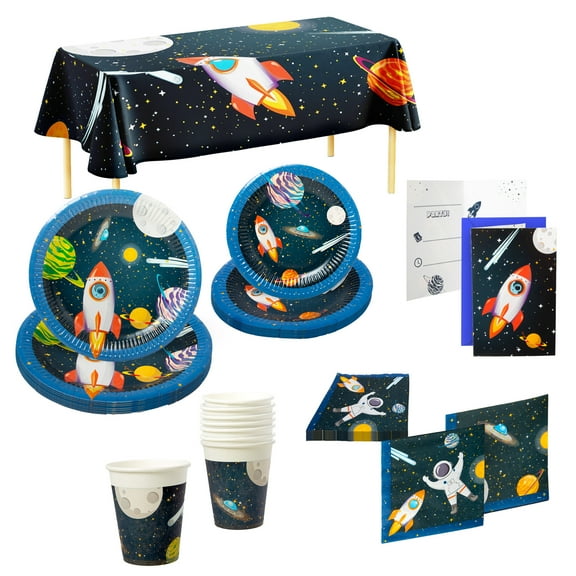 Procos Space Themed Birthday Party Kit with Plates, Cups, Napkins, Invitations & Tablecloth FSC Certified