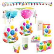 Procos Sparkling Balloon Themed Birthday Party Kit with 8 Large & Small Plates, 8 Cups, 20 Napkins, 6 Invitations, 1 Banner, 1 Tablecloth