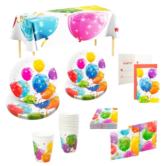Procos Sparkling Balloons Birthday Party Kit with Plates, Cups, Napkins, Invitations & Tablecloth – FSC Certified