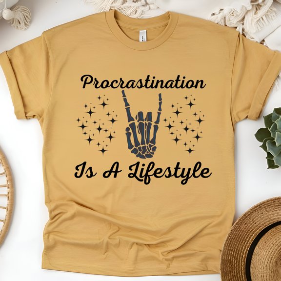 Procrastination Is A Lifestyle Skeleton Hand Graphic T-Shirt for Adults, Gold, Size S