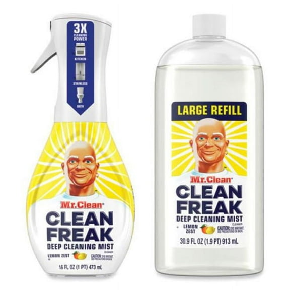 Mr. Clean Clean Freak Deep Cleaning Mist Multi-Surface Spray, Lemon Zest, 16 oz Spray Bottle Plus 30.9 oz Refill