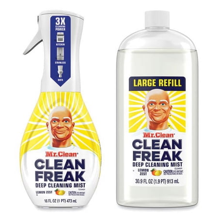 Mr. Clean Clean Freak Deep Cleaning Mist Multi-Surface Spray, Lemon Zest, 16 oz Spray Bottle Plus 30.9 oz Refill