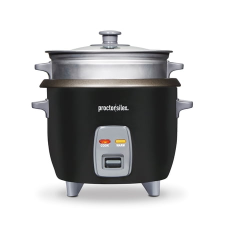 Proctor Silex 6 Cup Rice Cooker & Food Steamer with Steam & Rinse Basket, Black