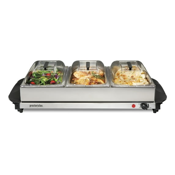 Proctor Silex Triple Buffet Server and Food Warmer, Three 2.5 Qt Oven-Safe Chafing Dish Set, Stainless Steel