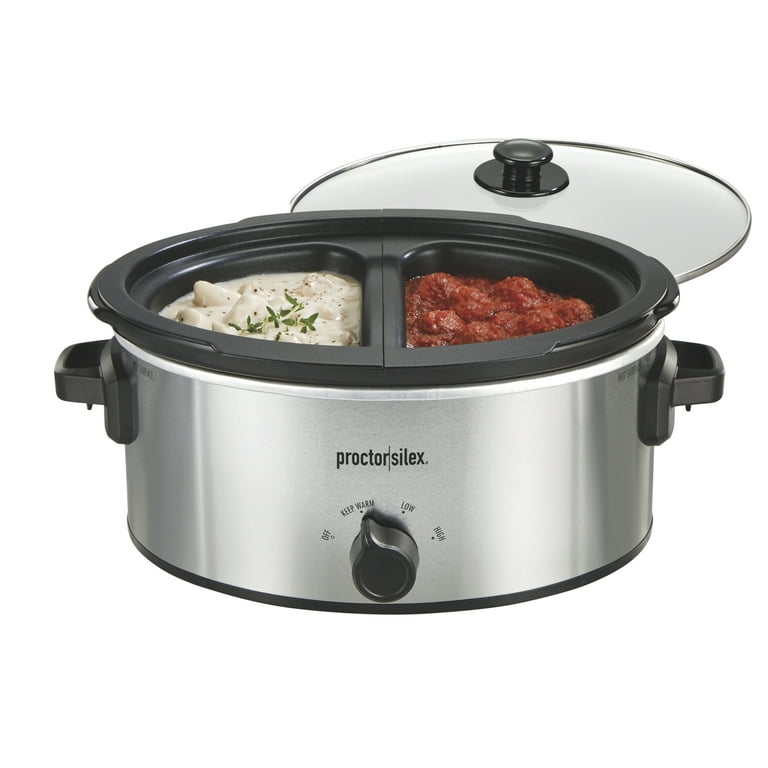 Proctor Silex Double Dish Slow Cooker with 6 Quart Crock and Dual 2.5 Qt  Non-Stick Insert to Cook Two Meals at Once, Silver, 33563 