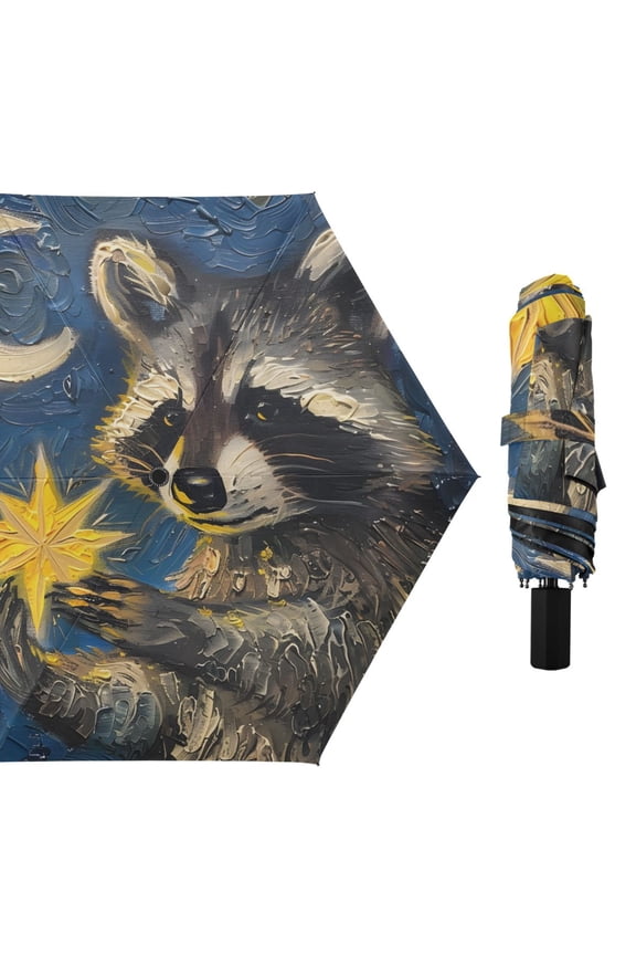 Procyon Lotor in Starry Night Style All Weather Umbrella Triple Folding Parasol 6 Ribs UV Protection Portable