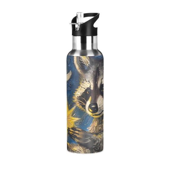 Procyon Lotor in Starry Night Style Sports Bottle with Straw Stainless Steel Water Jug Portable Thermal Cup Leak-proof 600ML