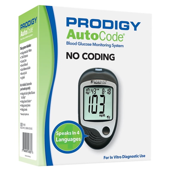 Prodigy Blood Glucose Meter, 7 Second Results Stores Up To 450 Results , 7 , 14 , and 30 Day Averaging No Coding Required, Prodigy Diabetes Care, 51885 - Sold by: Pack of One