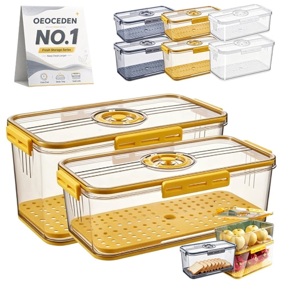 Produce Freshness Containers with Timer Drainage Yellow Bread Box Storage Fresh Keeping Leak Proof Lid Basket Lettuce Keeper Refrigerator Kitchen Countertop Fruit Fridge Corner Proofing