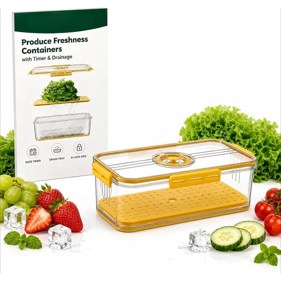 Produce Freshness Containers with Timer & Drainage, Fruit Storage Container for Fridge, Lid Lettuce Keeper