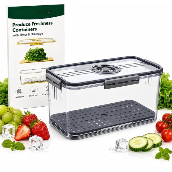 Produce Freshness Containers with Timer & Drainage, Fruit Storage Container for Fridge, Lid Lettuce Keeper