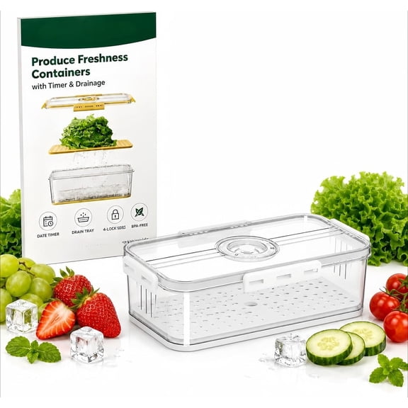 Produce Freshness Containers with Timer & Drainage, Fruit Storage Container for Fridge, Lid Lettuce Keeper