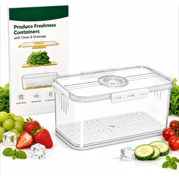 Produce Freshness Containers with Timer & Drainage, Fruit Storage Container for Fridge, Lid Lettuce Keeper