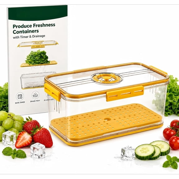 Produce Freshness Containers with Timer & Drainage, Fruit Storage Container for Fridge, Lid Lettuce Keeper