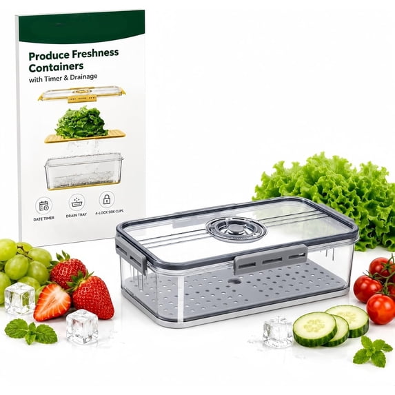Produce Freshness Containers with Timer & Drainage, Fruit Storage Container for Fridge, Lid Lettuce Keeper