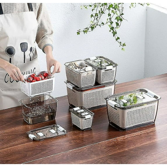 Produce Saver Container with Convenient Handle, Refrigerator Organizer Bins, Stackable Food Storage Bin for Fridge with Drain Tray
