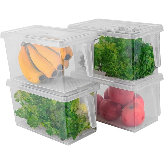 Produce Saver Containers for Refrigerator with Drain Tray, 5L x 4 Stackable Fruit Storage Containers for Fridge,Vegetable Storage Keep for Lettuce,Salad,Berry, Salad,Meat and Fish