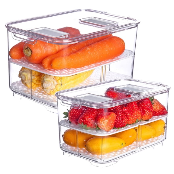 Produce Saver with Lids, 2 Piece Fruit Vegetable Storage Container with Vents Stackable Fridge Drawers Organizer Salad Lettuce Keeper For Refrigerator,Bpa-free Fresh Keeper,5.7L&2.8L
