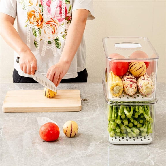 Produce Saver Refrigerator Organizer Bins with Lids And Removable Drain Tray Food Storage Container Fridge Stackable Freezer Bins For Kitchen Produce Fruit Vegetable (Set of 2)