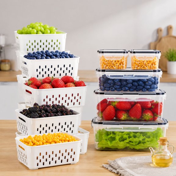 Produce Storage Containers Set with Removable Perforated Draining Baskets, Airtight Lidded Clear Plastic Boxes for Rinsing Fruits, Vegetables and Fridge Fresh-Keeping Organization