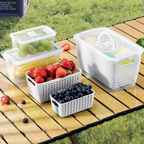 Produce containers for fridge,3 Set Fruit Containers with Removable Colander, BPA-Free Produce Saver Containers with Lids Dishwasher&Microwave Safe Keep Fruits, Vegetables, Berry, Fresh Longer