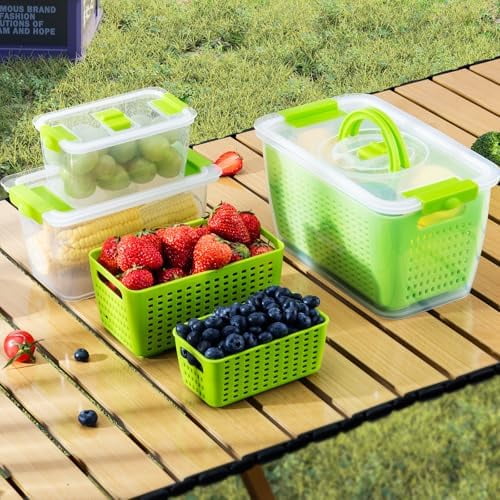 Produce containers for fridge,3 Set Fruit Containers with Removable Colander, BPA-Free Produce Saver Containers with Lids Dishwasher&Microwave Safe Keep Fruits, Vegetables, Berry, Fresh Longer