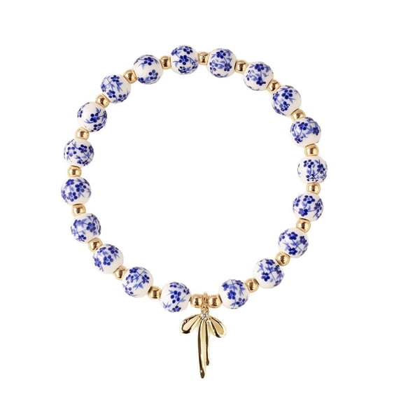 Bracelets Blue White Porcelain Beaded Elastic Bracelet for Women Boho Style Daily Wear Jewelry Fashionable Glass Beads