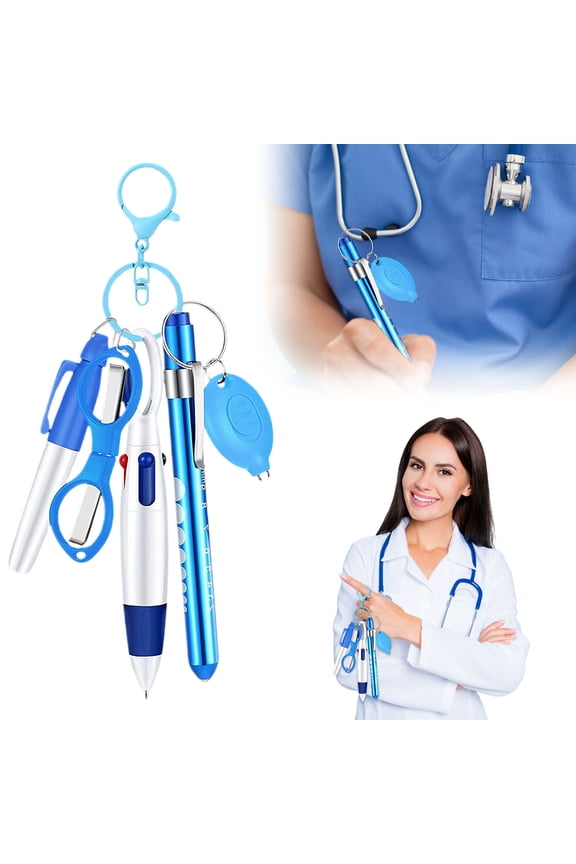 Product Category &Craft&Stationery 6 Pen Sets with Marker Pen Retractable Ballpoint Pen Keychain Clip Scissor Light LED Flashlight Accessories Keychain for Home School