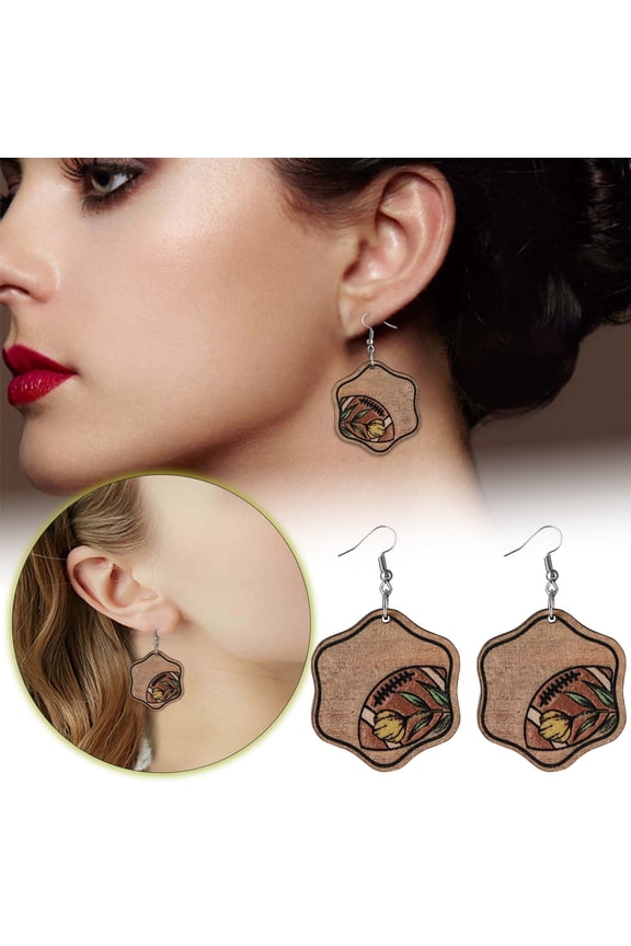 Earrings for Women - Flower Football Baseball Basketball Pendant in Wood Interchangeable Double Ear Jewelry for Everyday Wear