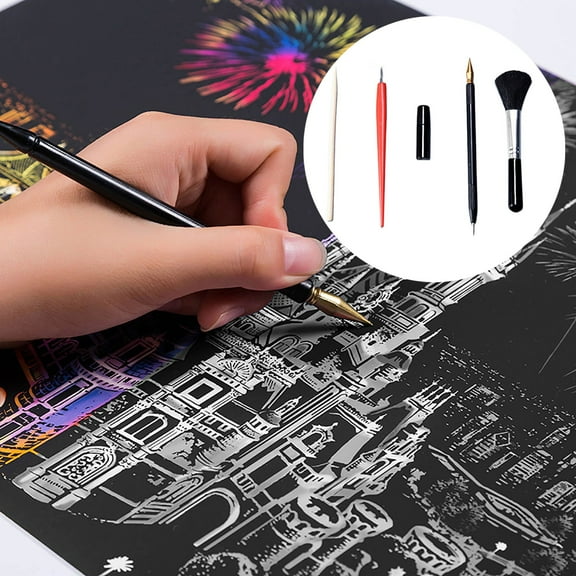 Product Classification Novelty Funny Toy Toy Kit 5 Piece Scratch Drawing Tool Set Unleash Creativity with Reveal Art Educational DIY Craft Project for Kids and Adults,6.61x0.39x0.39 inch,Black