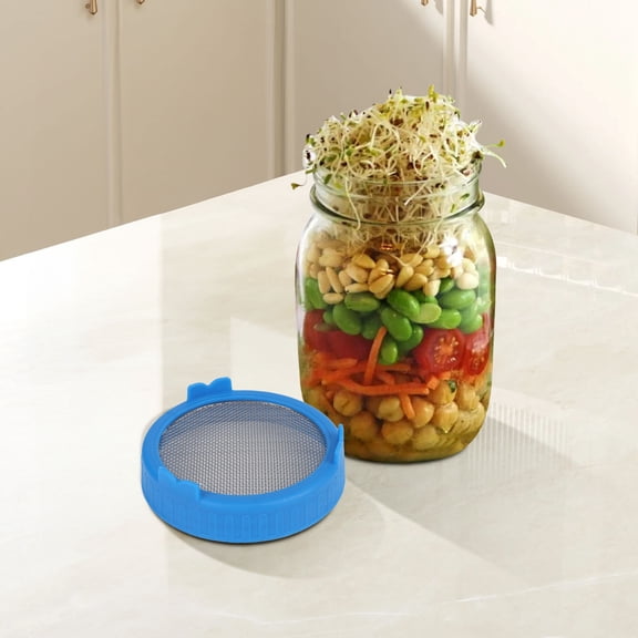 Product Classification Strainers 2 and Growing Kit for Sprouting Microgreens with Stainless Steel Screen Lid and Germination Cap for Broccoli and Similar, 8.6cm, Blue