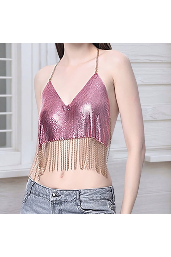 Product Classification Women's Tanks & — Fashionable Fringe Backless Crop Top for Summer Festivals Versatile Statement Piece for Everyday Wear, Purple