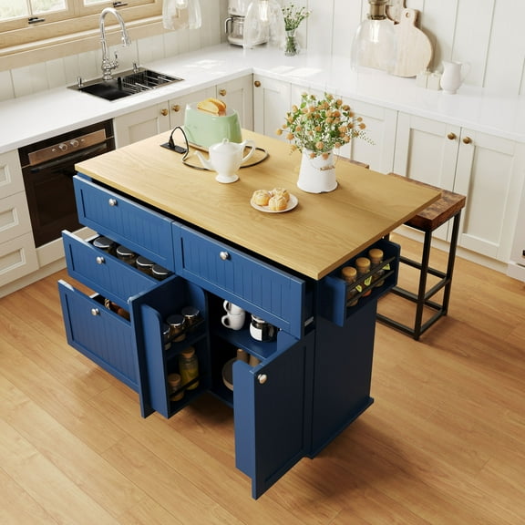 [Product Display Video Available]TOPMAX Farmhouse Kitchen Island with Drop Leaf and 2 Seatings, Kitchen Table Set with Storage Cabinet, Drawers, Door Shelves and Power Outlet, Blue