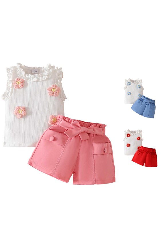 Product Girls Outfits&Set Summer Toddler Ruffles Sleeveless Ribbed Floral Vest T Shirt Tops Shorts Outfits for Everyday Casual Comfort Platform Girls Casual Ruffled Paperbag Waist Shorts etc