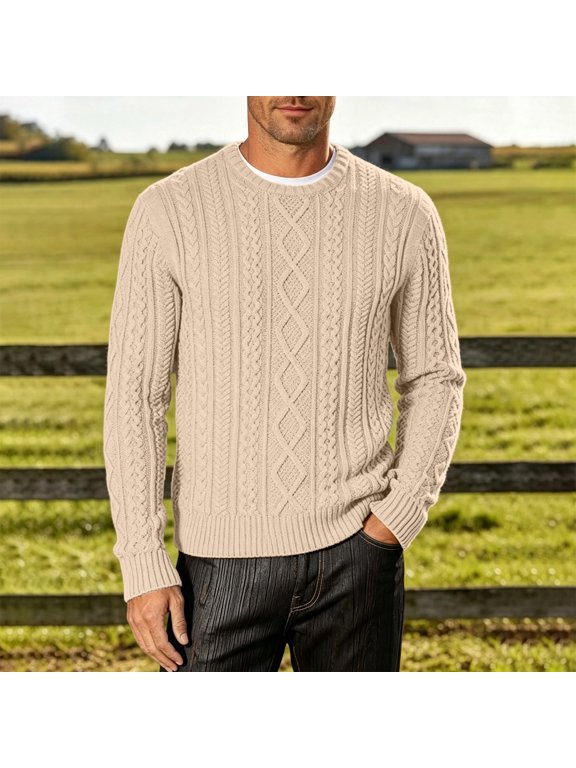 Product Men's Sweater Coat Minimalist Solid Knit Crewneck Outerwear for Everyday Casual Wear with Rich Texture and Timeless Appeal, Beige, L