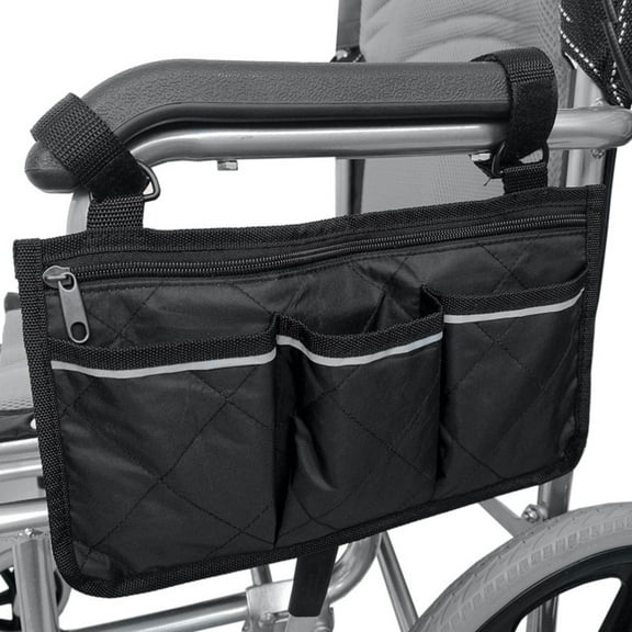 Windfall Wheelchair Side Bag with Reflective Strip Arm Rest Pouch and Drink Wheel Chair Accessories Organizers and Water Bottle Holder Fits Walkers for Seniors and Handicap