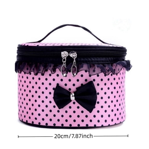 Product Tool Bag 2 Polka Pattern Cosmetic Storage Pouch with Black Bow and Ruffle Trim Handle and Zipper for Travel and Daily Use