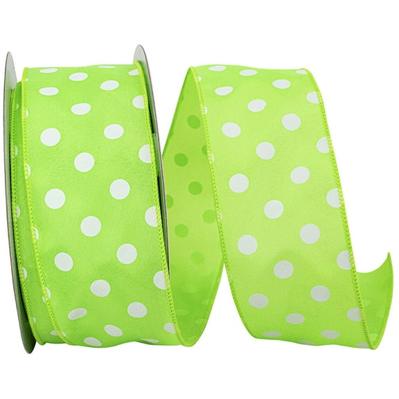 Product image Wire Edged Satin Large Dots Lime Green and White Spring Ribbon 2 1/2" 50 Yards