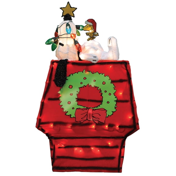 ProductWorks 26IN PEANUTS 3D LED PRE LIT YARD ART SNOOPY ON DOG HOUSE WITH STAR, Red
