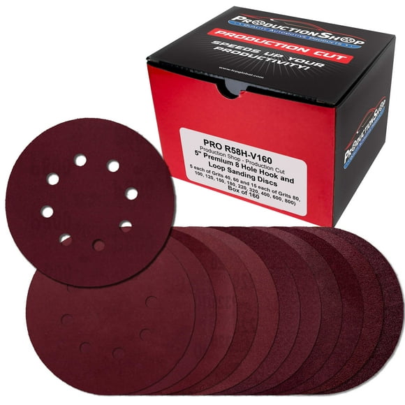 ProductionShop 5" Red 8-Hole Pattern Sanding Discs, 160 Disc Variety Pack, Grits 40, 60, 80, 100, 120, 150, 180, 220, 320, 400, 600, 800 - Hook & Loop Sandpaper, Random Orbital Sanders - Woodworking