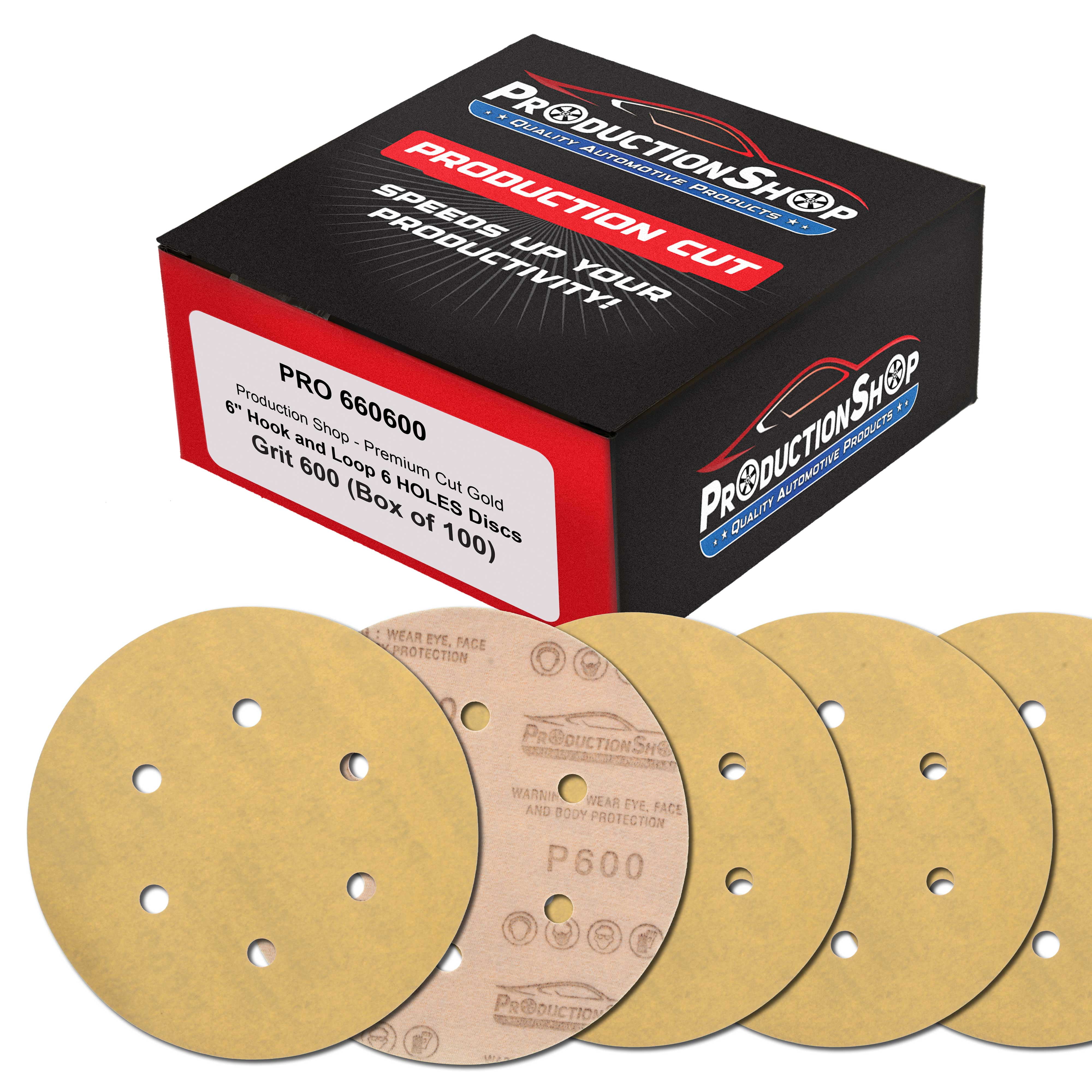 ProductionShop Premium 100 Grit 6" Gold Sanding Discs, 6-Hole Pattern, Box of 100 - Dustless Hook & Loop Backing Sandpaper for DA & Random Orbital Sanders, Sand Auto Paint, Wood Woodworking Furniture