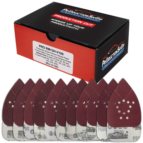 ProductionShop Premium 12-Hole Pattern Mouse Detail Sander Sandpaper Sheets, 100 Disc Variety Pack, Grits 40, 60, 80, 100, 150, 180, 220, 320, 400, 600, 800 - Hook & Loop Disc - Fits Black and Decker