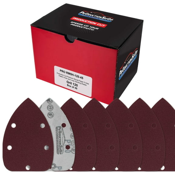 ProductionShop Premium 120 Grit 5-Hole Pattern Mouse Detail Sander Sandpaper Sheets, Box of 45 - Dustless Hook & Loop Triangle Shaped Mouse Disc Pads - Woodworking Tool Sand Wood Furniture Auto Paint